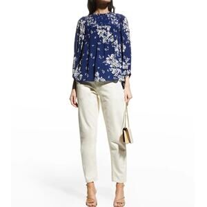 Shoshanna Taina Floral Print Smocked Top High Neck Blouse Blue White Women's XS